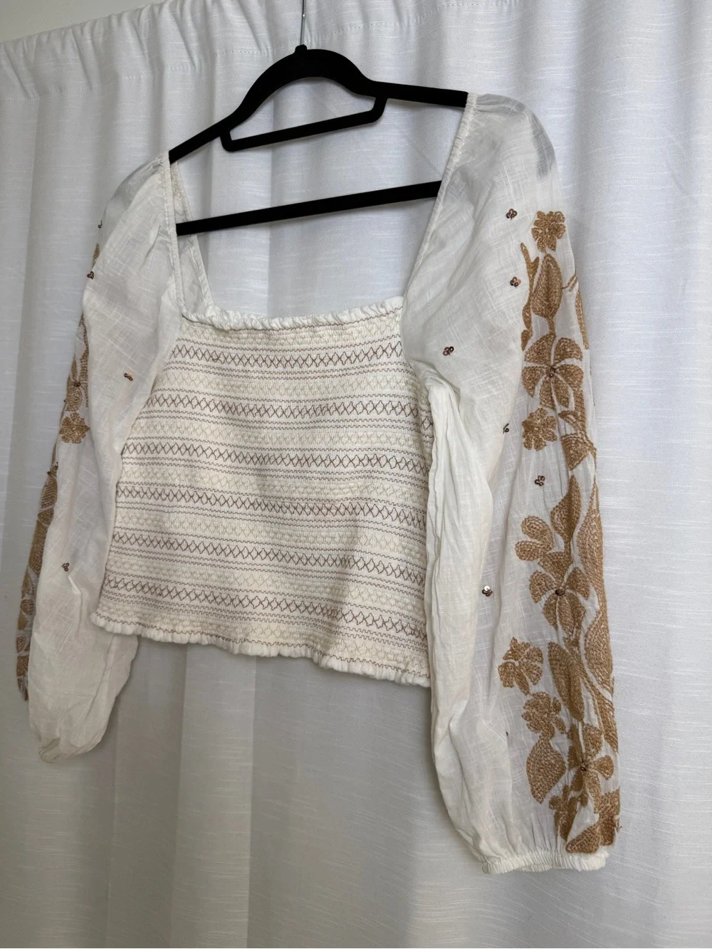 Anthropologie Embroidered Smocked Puff Sleeve Top Ivory | Size XS